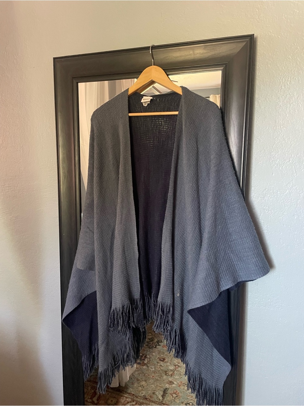 Fringed Knit Wrap Poncho in Blue